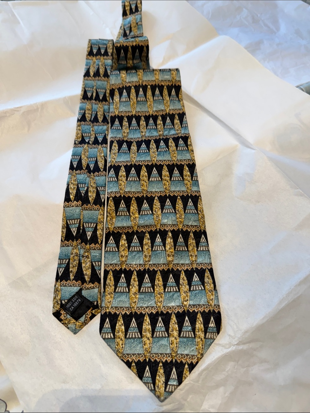 SAZZARI Italian Silk Tie Vintage Geometric Art Print Blue Gold Black